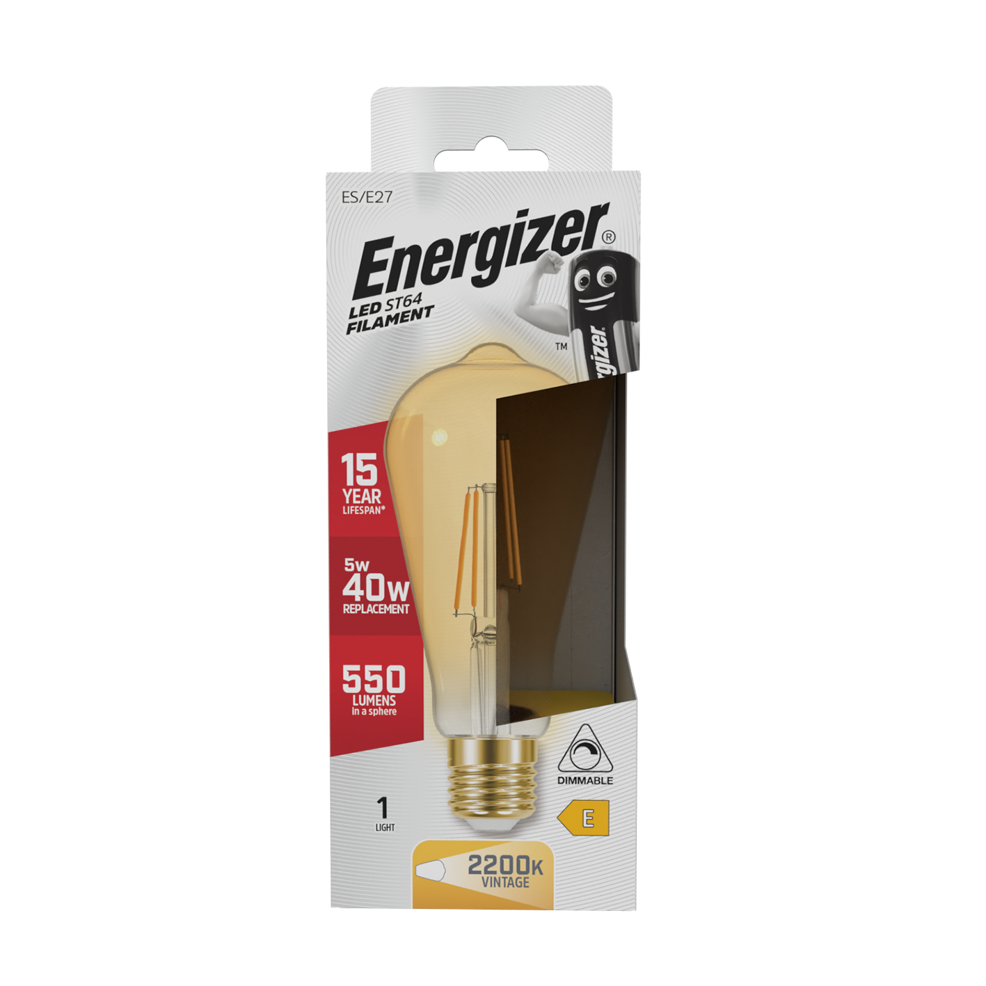 Energizer LED Filament Gold ST64 E27 (ES) 550 Lumens 5W 2,200K (Warm White) Dimmable, Box of 1