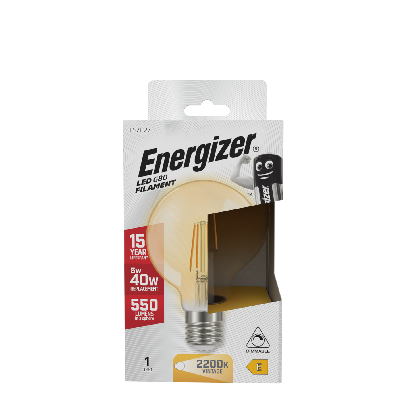 Energizer Filamento LED Oro G80 E27 (ES) 470lm 5W 2.200K (Blanco Cálido) Regulable, Caja de 1