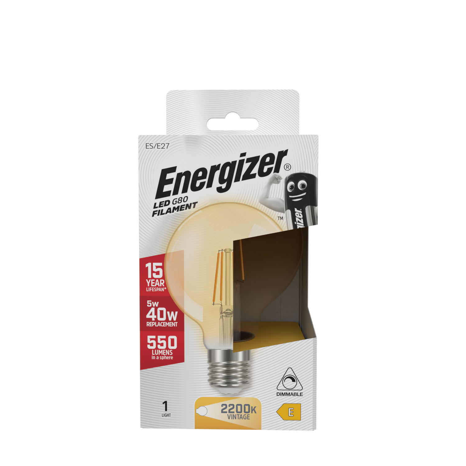 Energizer LED Filament Gold G80 E27 (ES) 550lm 5W 2,200K (Warm White) Dimmable, Box of 1