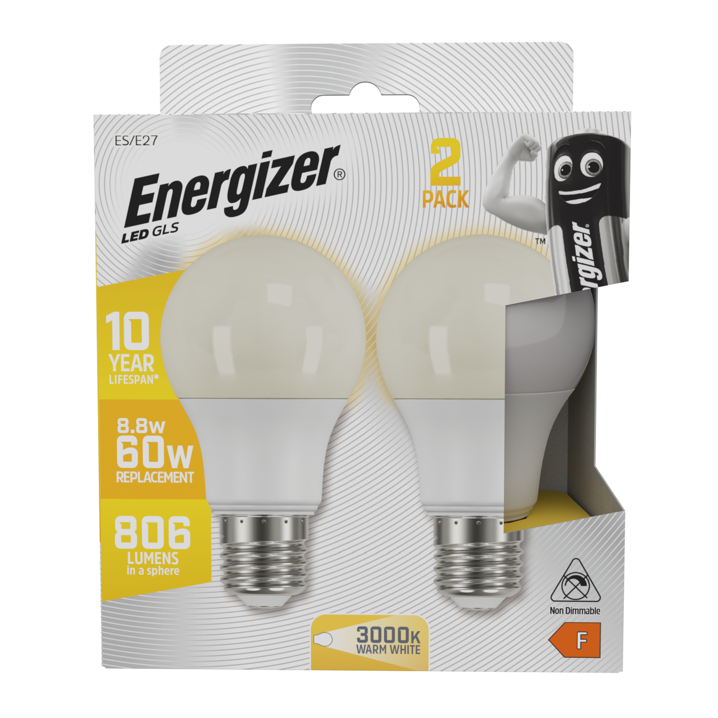 Energizer LED GLS E27 (ES) 806lm 8.8W 3,000K (Warm White), Box of 2