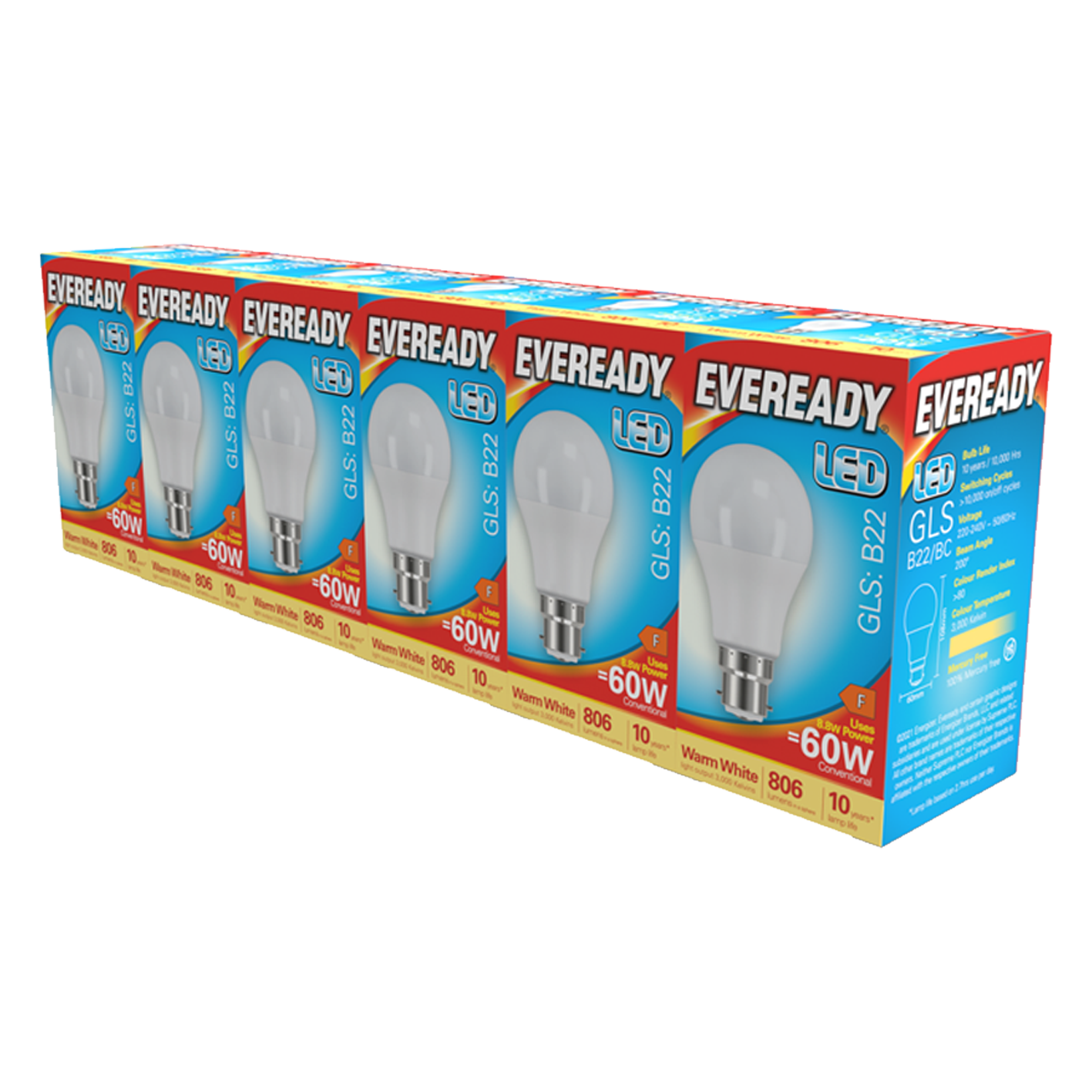 Eveready LED GLS  B22 (BC) 806lm 8.8W 3000K (Warm White) Pack of 5+1