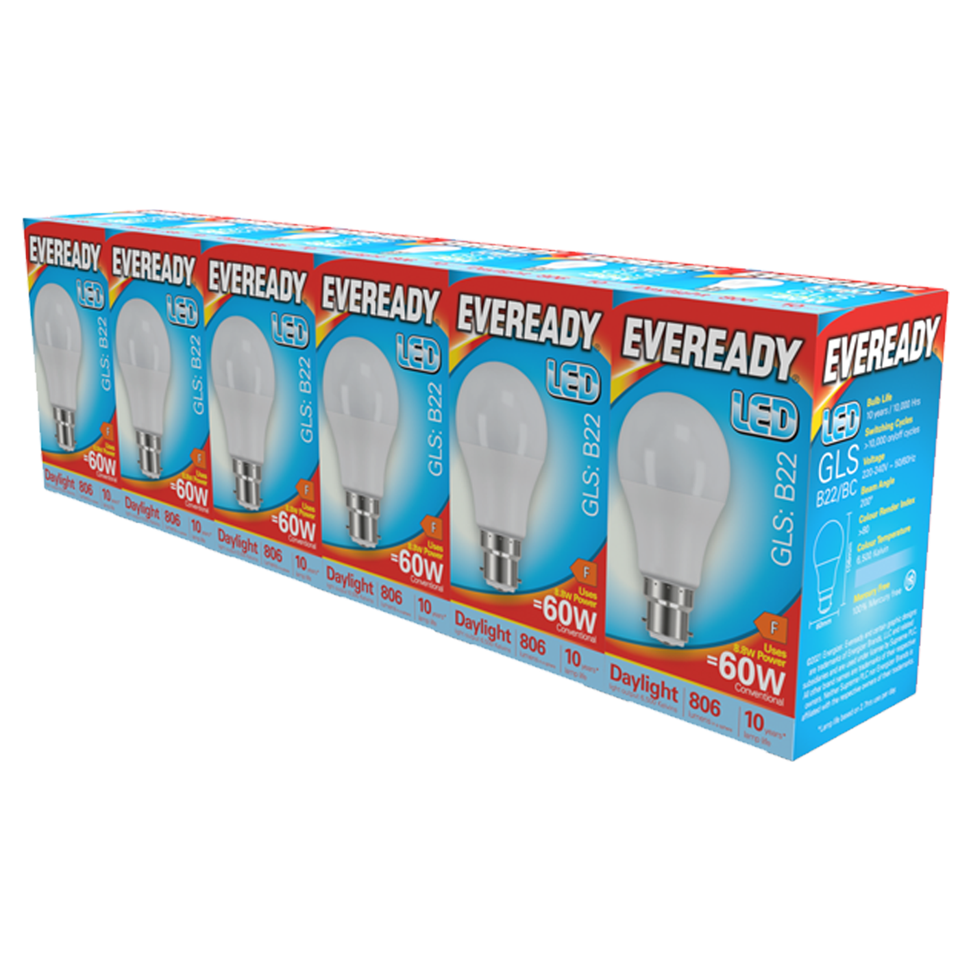 Eveready LED GLS  B22 (BC) 806lm 8.8W 6500K (Daylight) Pack of 5+1