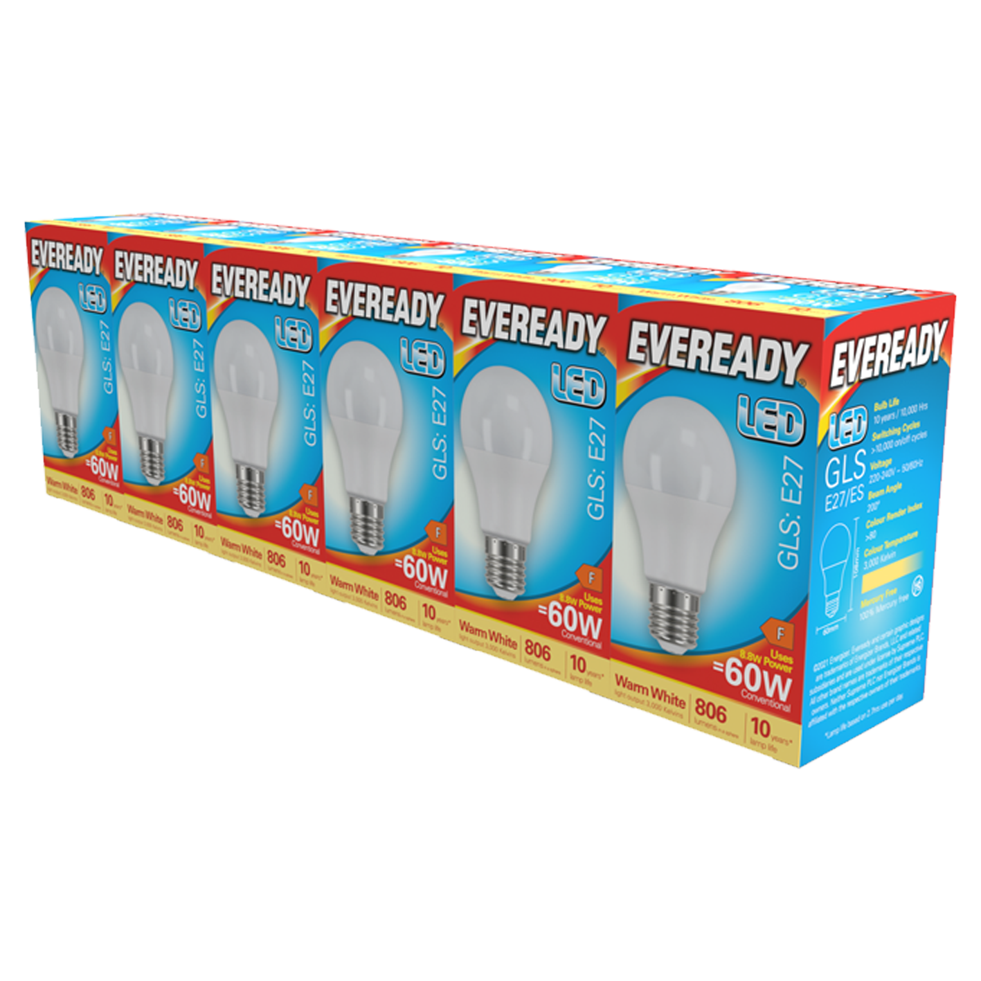Eveready LED GLS E27 (ES) 806lm 8.8W 3000K (Warm White) Pack of 5+1