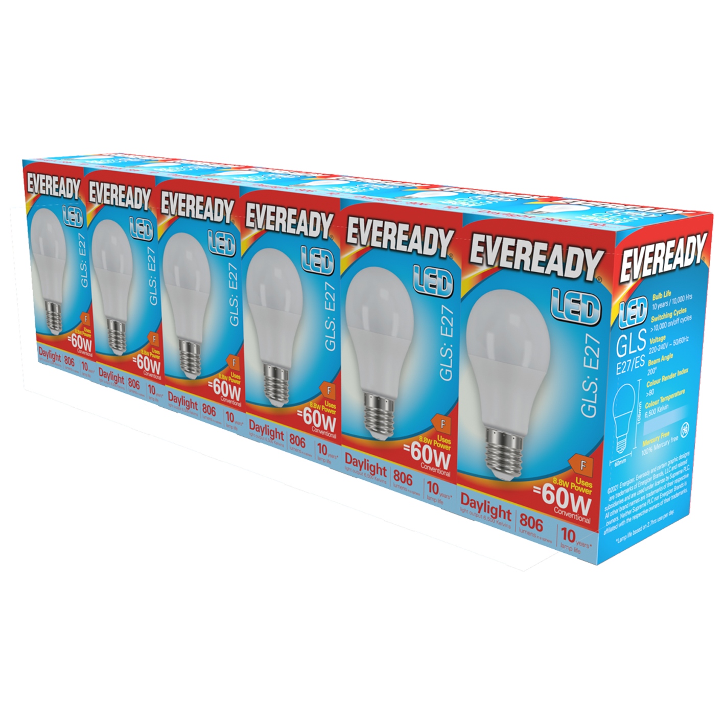 Eveready LED GLS E27 (ES) 806lm 8.8W 6500K (Daylight) Pack of 5+1