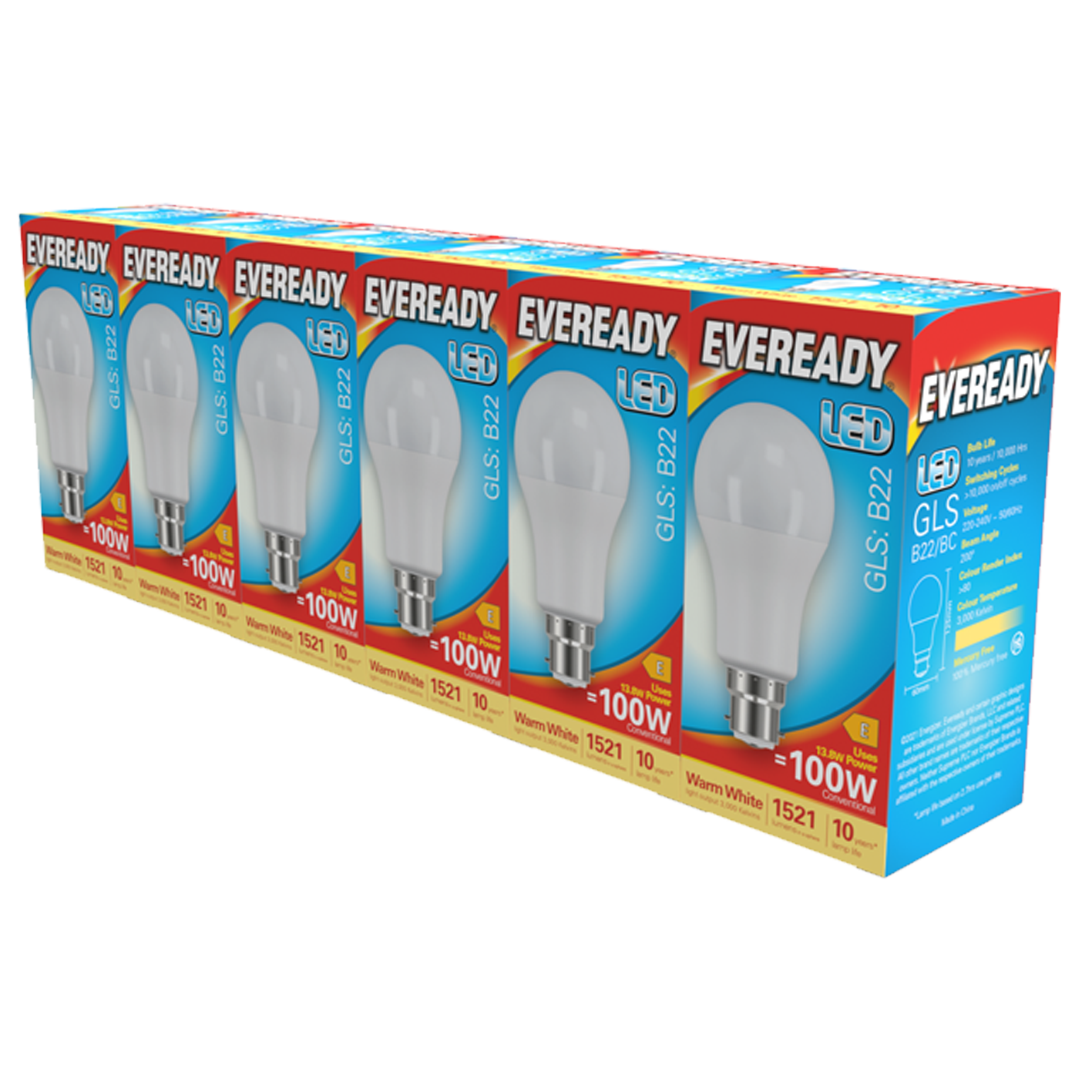 Eveready LED GLS  B22 (BC) 1521lm 13.8W 3000K (Warm White) Pack of 5+1