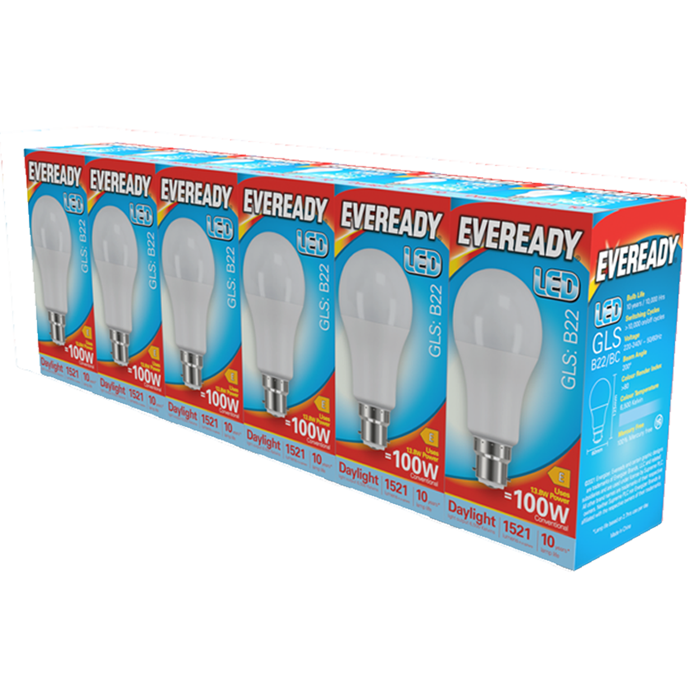 Eveready LED GLS B22 (BC) 1521lm 13.8W 6500K (Daylight) Pack of 5+1