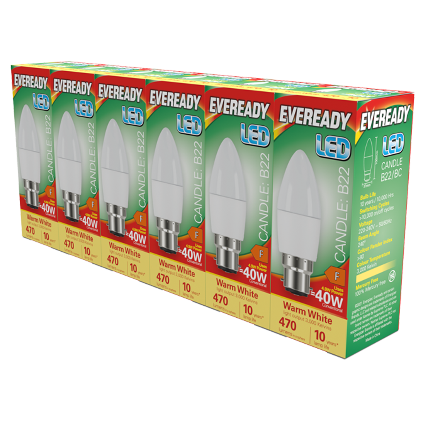 Eveready LED Candle  B22 (BC) 470lm 4.9W 3000K (Warm White) Pack of 5+1