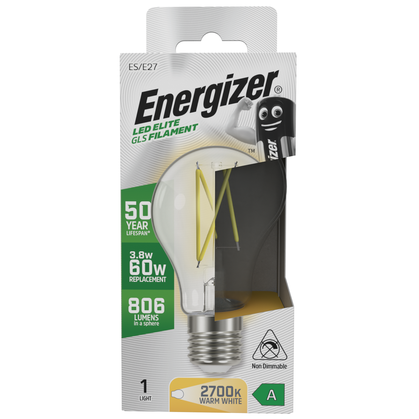 S29628 Energizer A Rated LED Elite GLS E27 Filament 806lm 3.8W 2700K (Warm White) - Box of 1