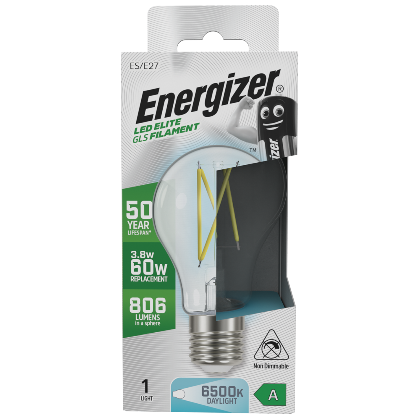 S29629 Energizer A Rated LED Elite GLS E27 Filament 806lm 3.8W 6500K (Daylight) - Box of 1