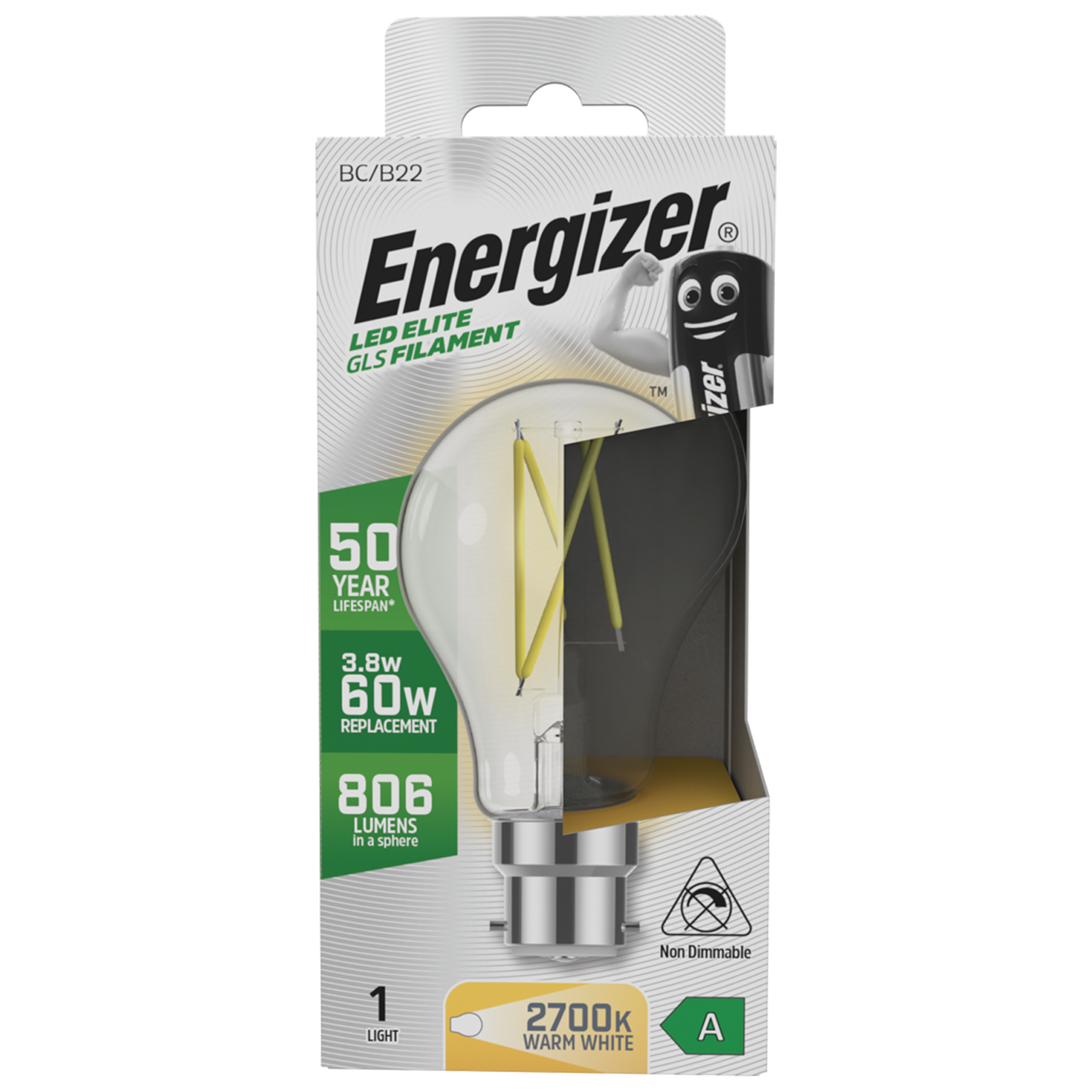 S29630 Energizer A Rated LED Elite GLS B22 Filament 806lm 3.8W 2700K (Warm White) - Box of 1