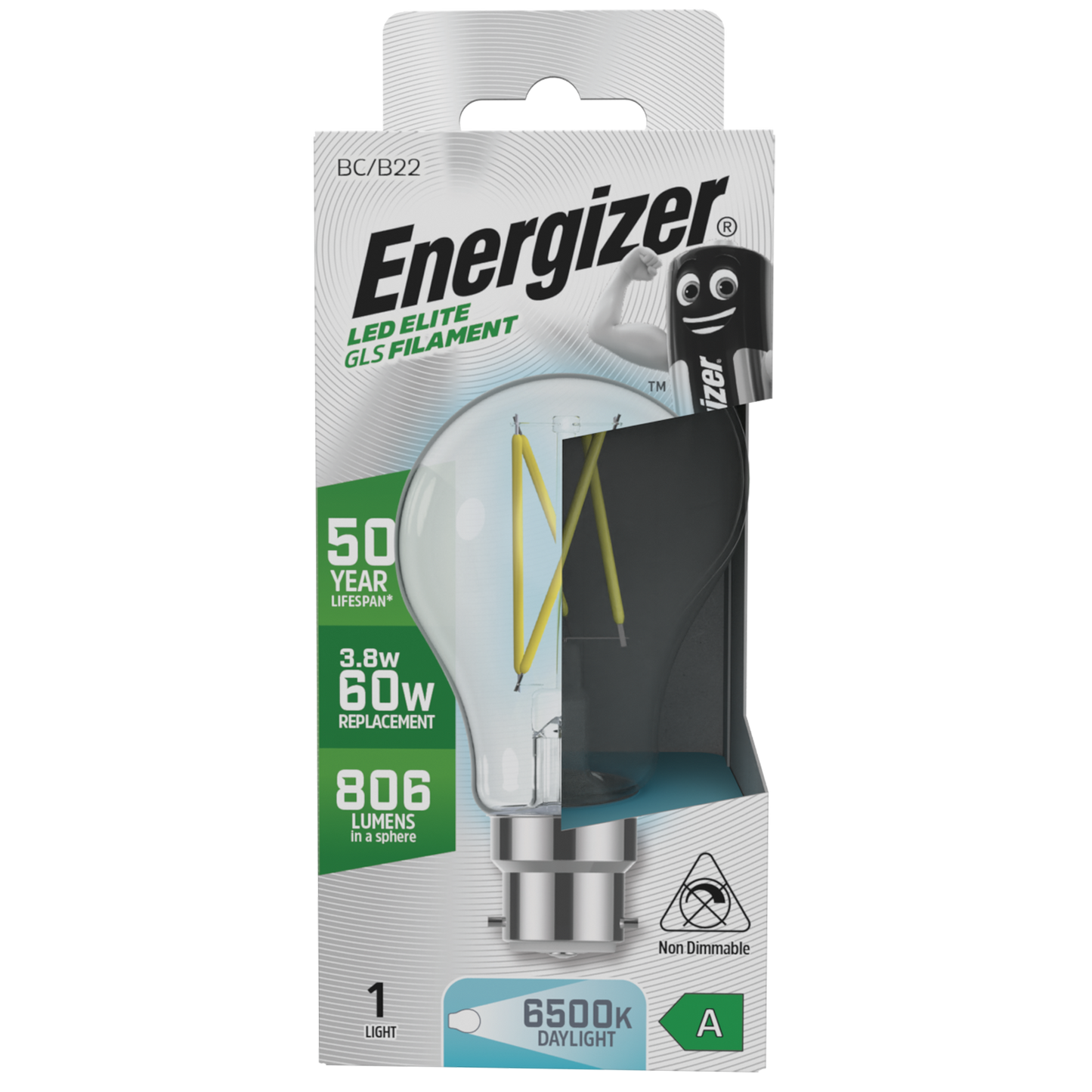 S29631 Energizer A Rated LED Elite GLS B22 Filament 806lm 3.8W 6500K (Daylight) - Box of 1