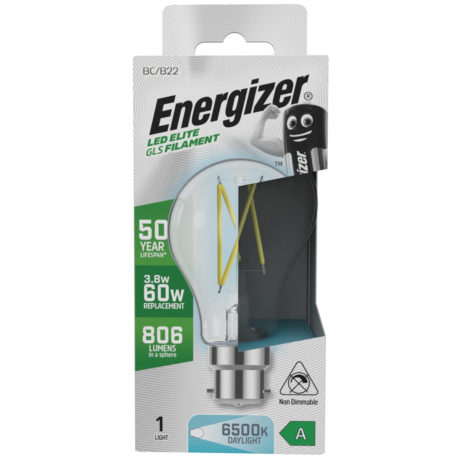 S29631 Energizer A Rated LED Elite GLS B22 Filament 806lm 3.8W 6500K (Daylight) - Box of 1