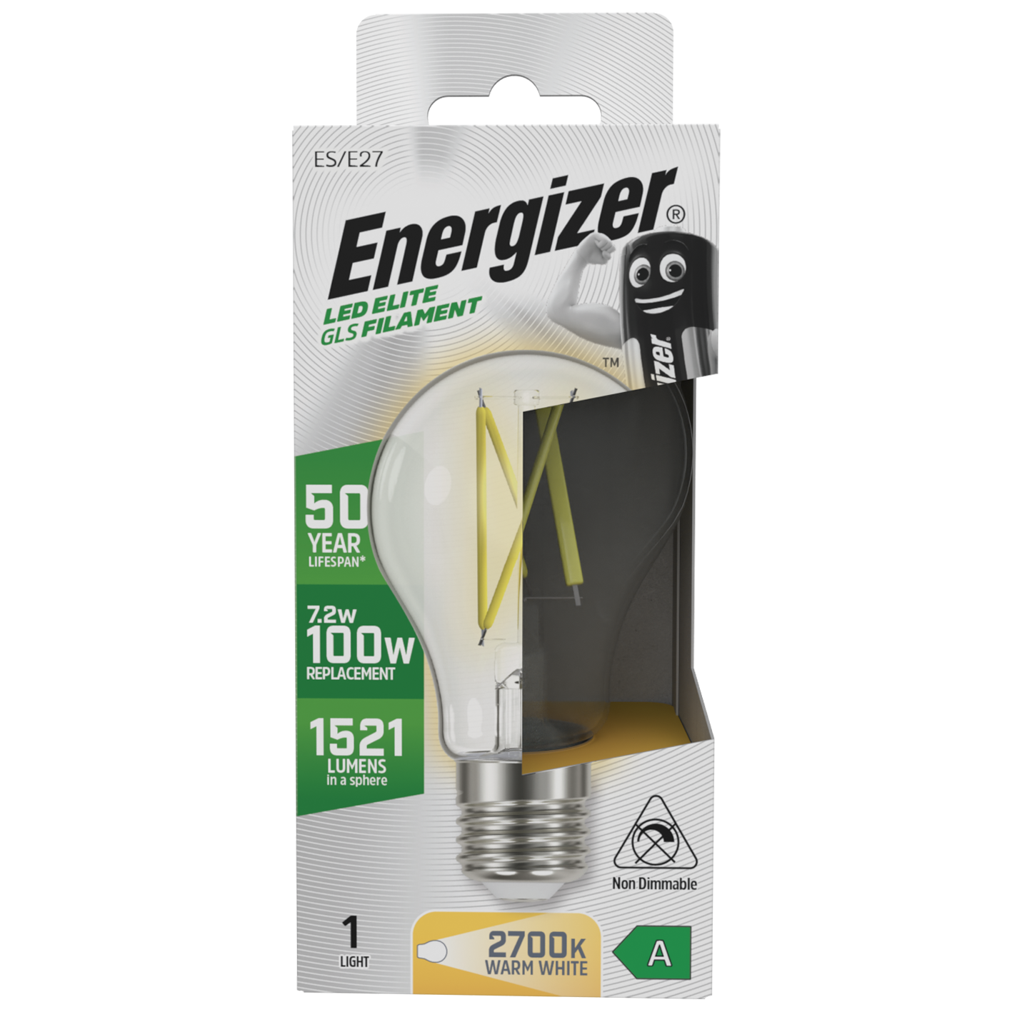 S29632 Energizer A Rated LED Elite GLS E27 Filament 1521lm 7.2W 2700K (Warm White) - Box of 1