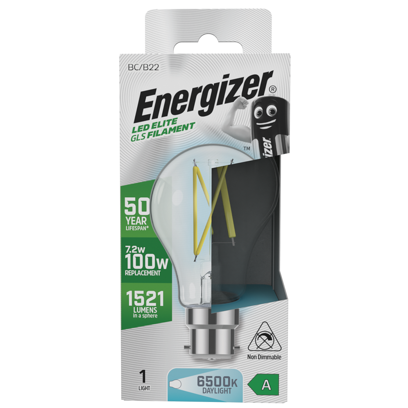 S29635 Energizer A Rated LED Elite GLS B22 Filament 1521lm 7.2W 6500K (Warm White) - Box of 1