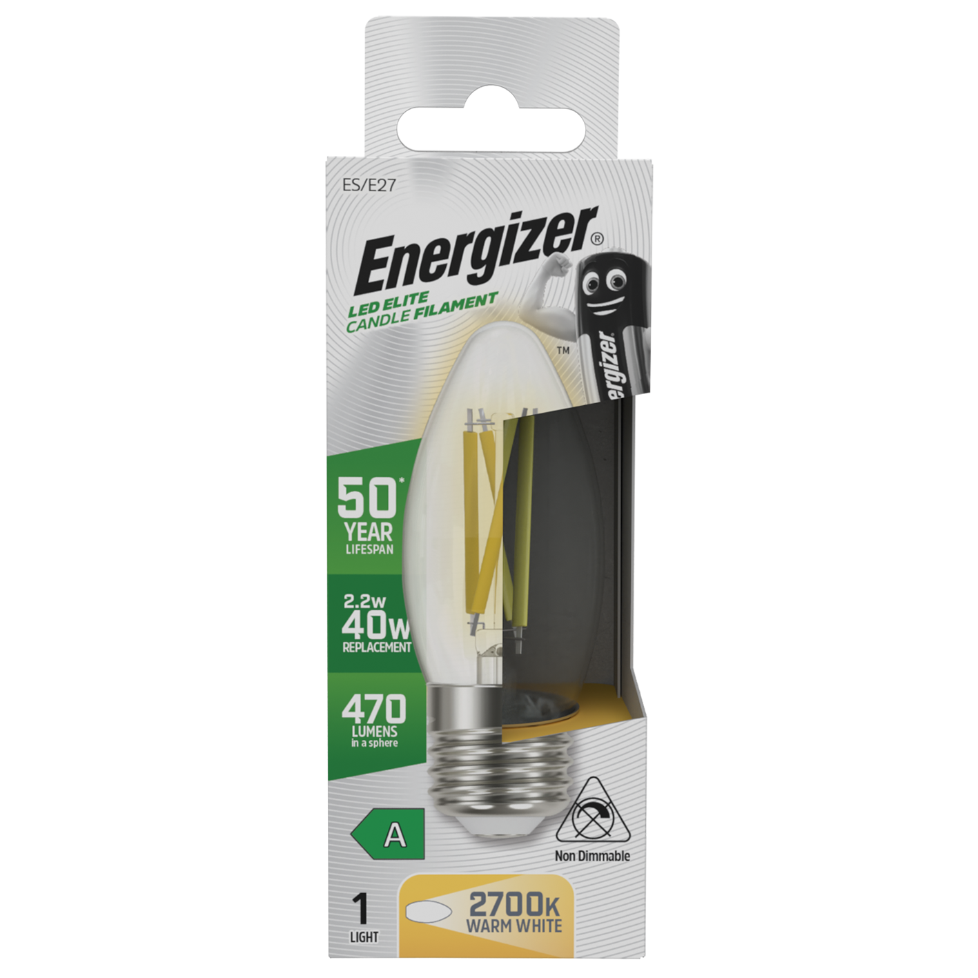 S29636 Energizer A Rated LED Elite Candle E27 Filament 470lm 2.2W 2700K (Warm White) - Box of 1