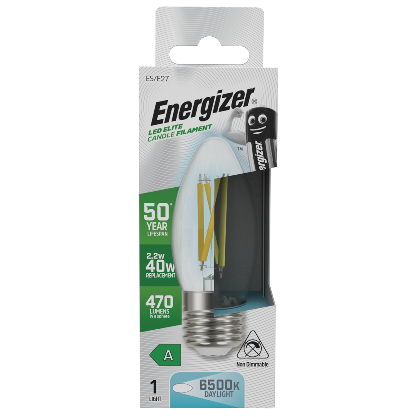 S29637 Energizer A Rated LED Elite Candle E27 Filament 470lm 2.2W 6500K (Daylight) - Box of 1