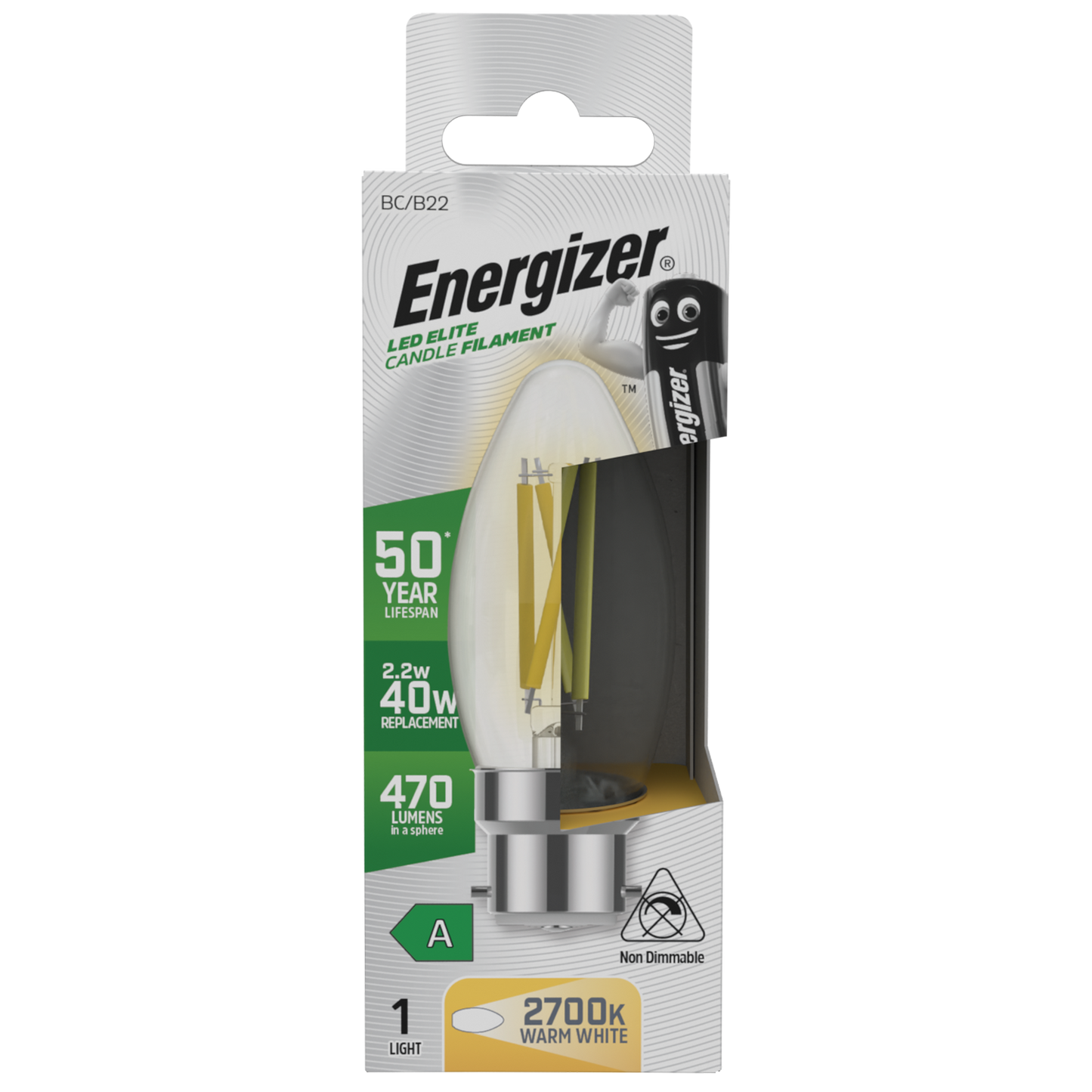 S29638 Energizer A Rated LED Elite Candle B22 Filament 470lm 2.2W 2700K (Warm White) - Box of 1