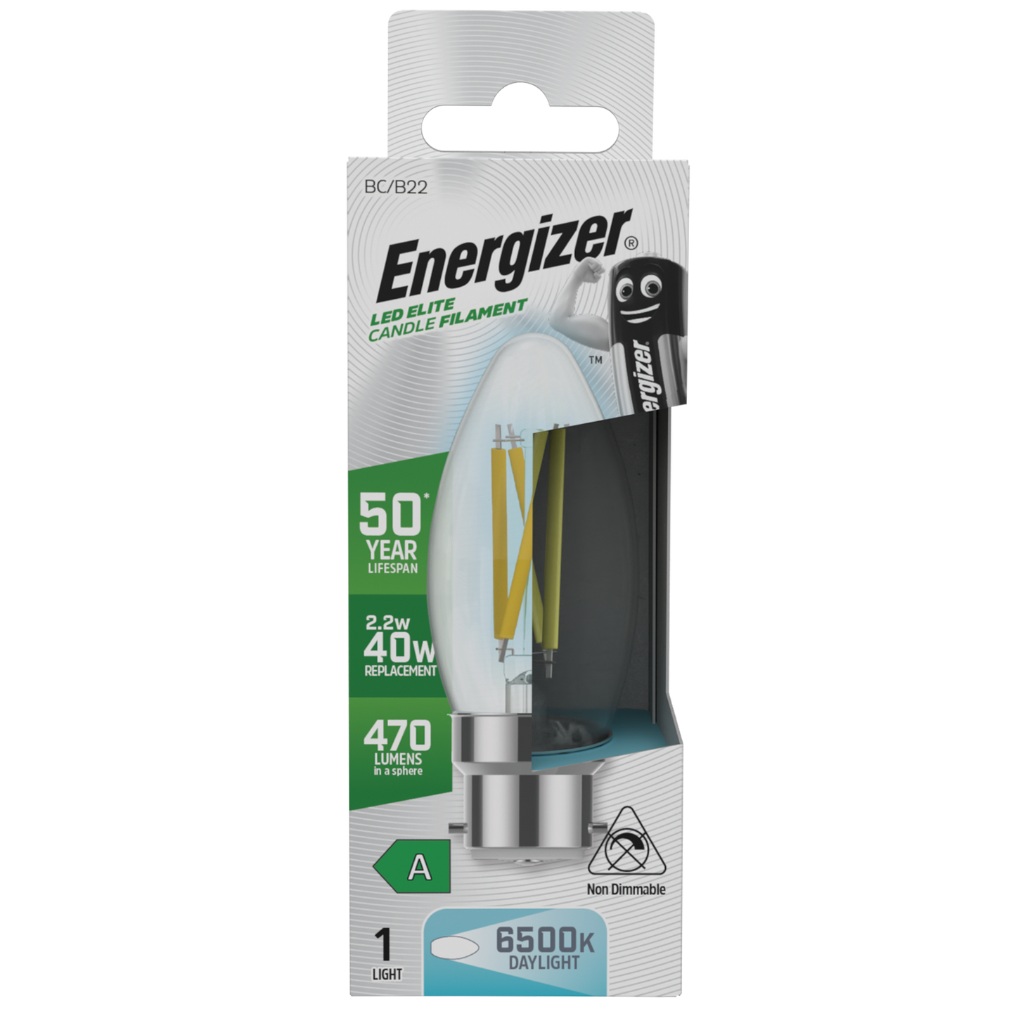 S29639 Energizer A Rated LED Elite Candle B22 Filament 470lm 2.2W 6500K (Daylight) - Box of 1