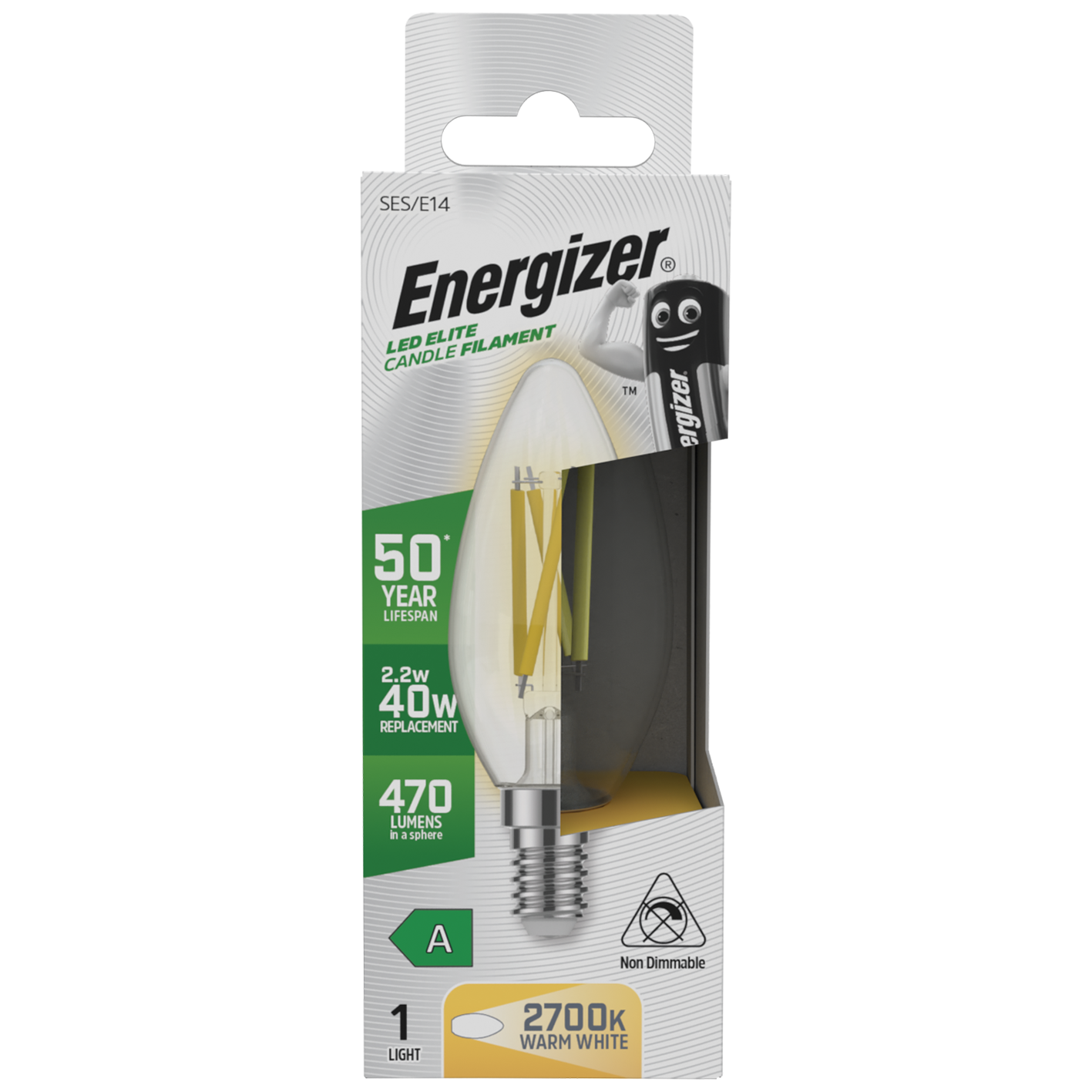 S29640 Energizer A Rated LED Elite Candle E14 Filament 470lm 2.2W 2700K (Warm White) - Box of 1