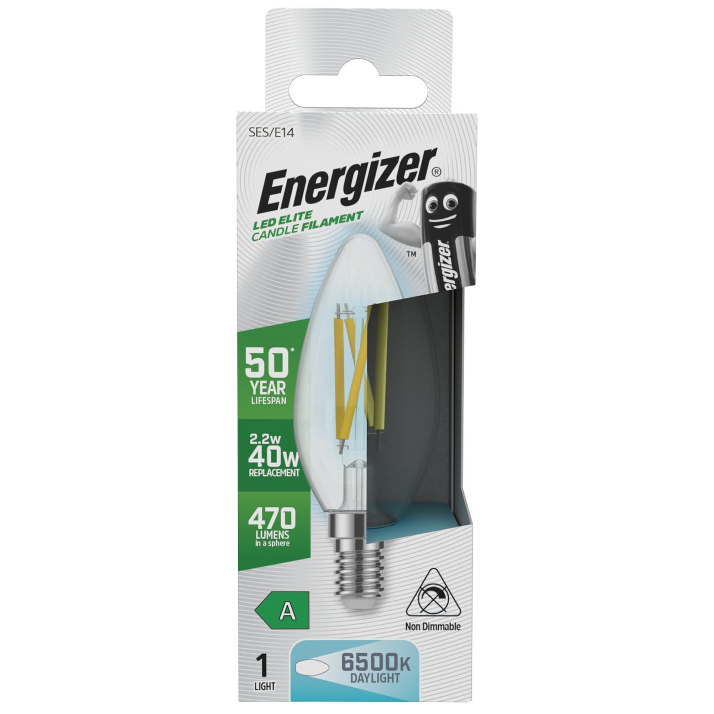 S29641 Energizer A Rated LED Elite Candle E14 Filament 470lm 2.2W 6500K (Daylight) - Box of 1