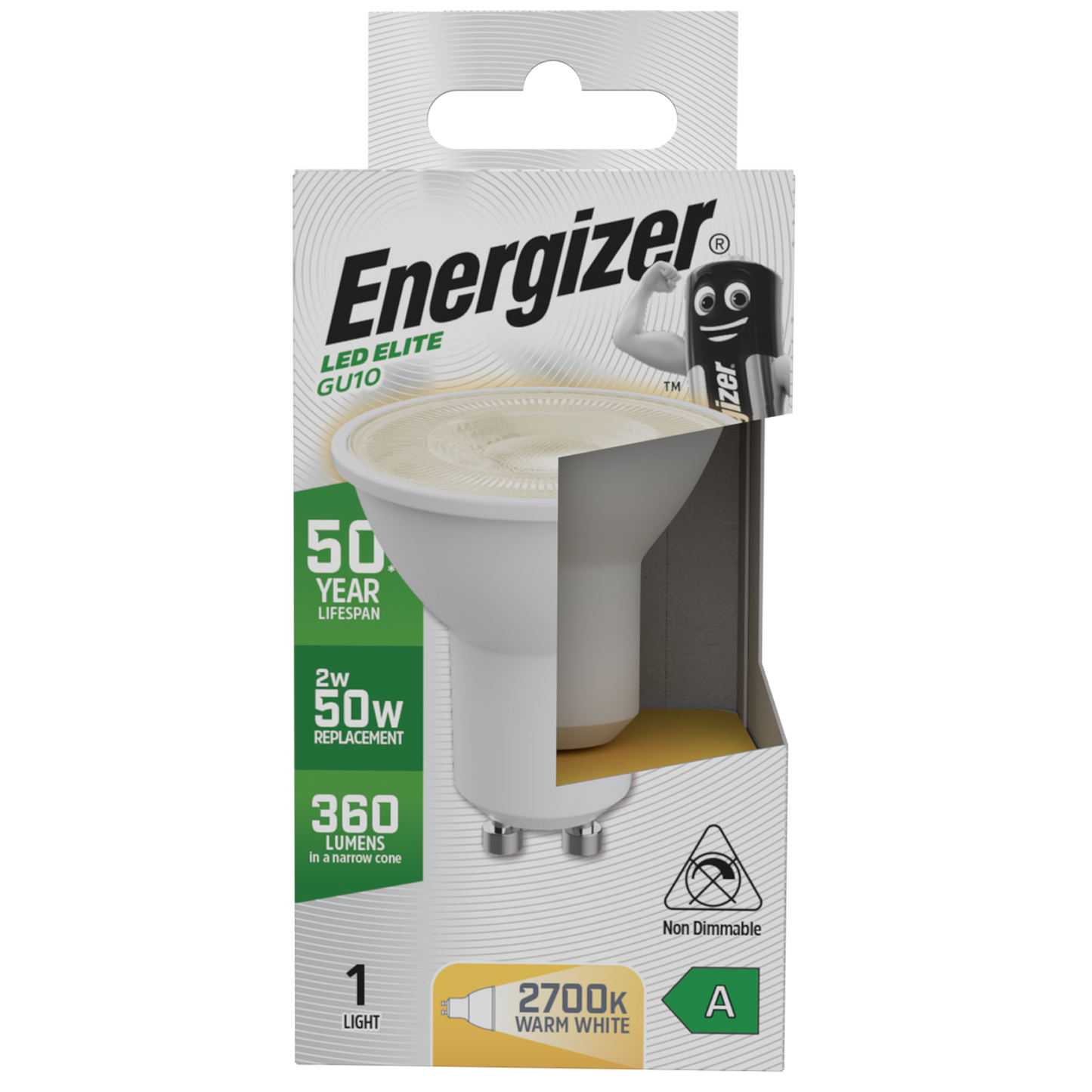 S29642 Energizer A Rated LED Elite GU10 360lm 2W 2700K (Warm White) - Box of 1