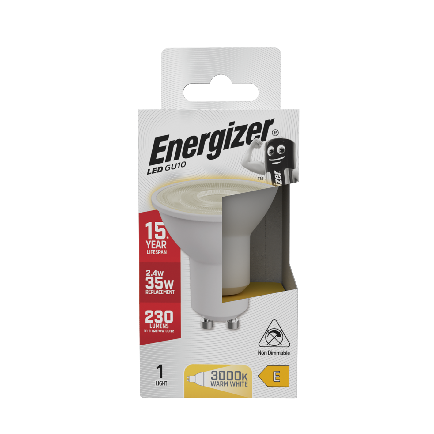 Energizer LED GU10 230 Lumens 2.4W 3,000K (Warm White), Box of 1