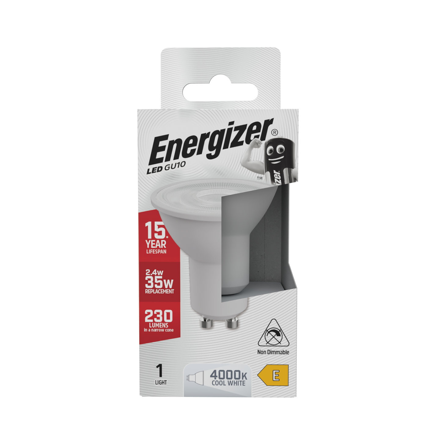Energizer LED GU10 230 Lumens 2.4W 4,000K (Cool White), Box of 1
