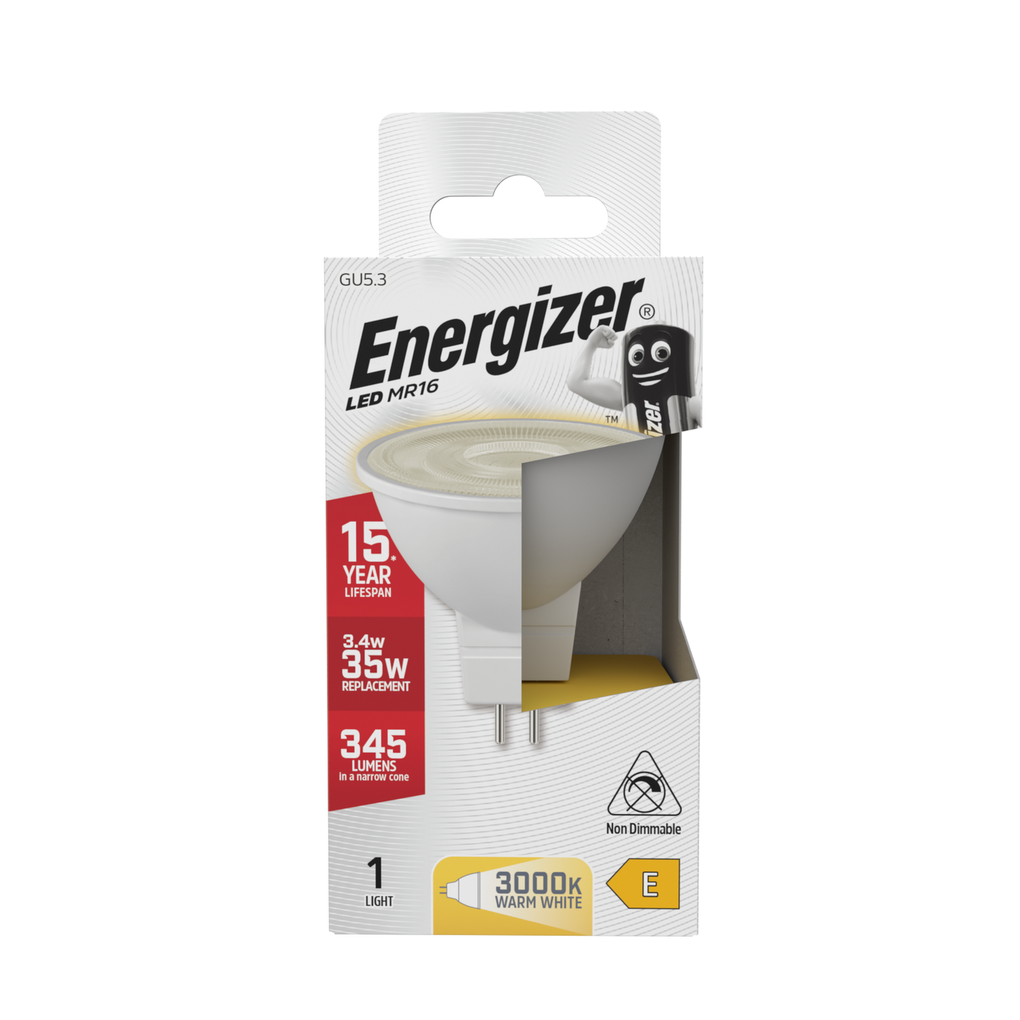Energizer LED GU5.3 345 Lumens 3.4W 3,000K (Warm White), Box of 1