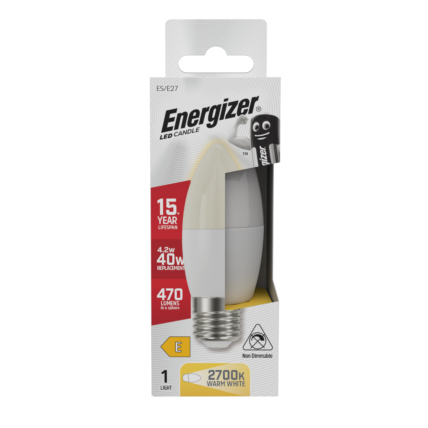 Energizer LED Candle E27 (ES) 470lm 4.2W 2,700K (Warm White), Box of 1