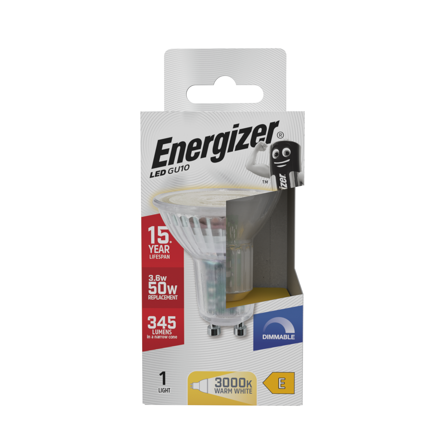 Energizer LED GU10 345 Lumens 3.6W 3,000K (Warm White) Dimmable, Box of 1