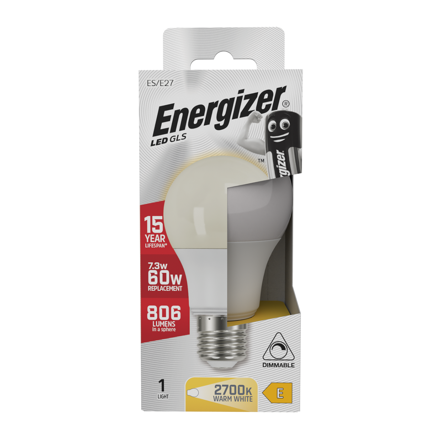 Energizer LED GLS E27 (ES) 806 Lumens 7.3W 2,700K (Warm White) Dimmable, Box of 1