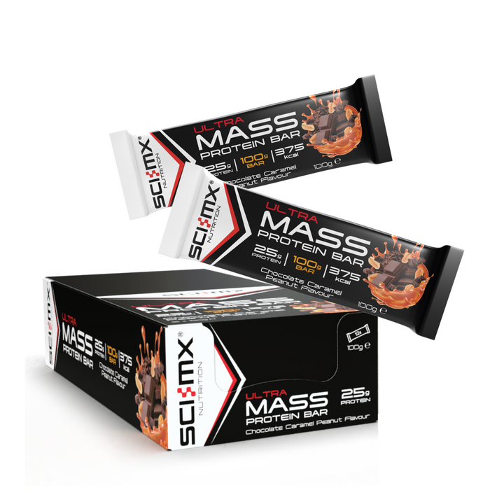 Sci-Mx Ultra Mass Protein Bar Chocolate Caramelo Maní - 100 g (Precio por caja de 12) 
