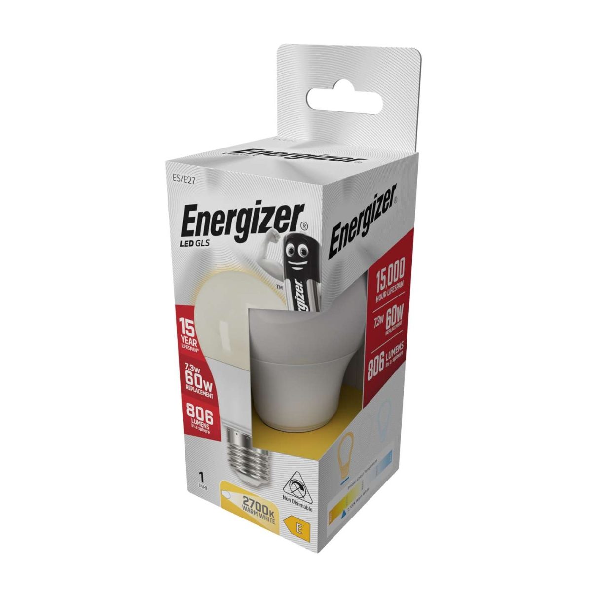 Energizer LED GLS E27 (ES) 806 Lumens 7.3W 2,700K (Warm White), Box of 1
