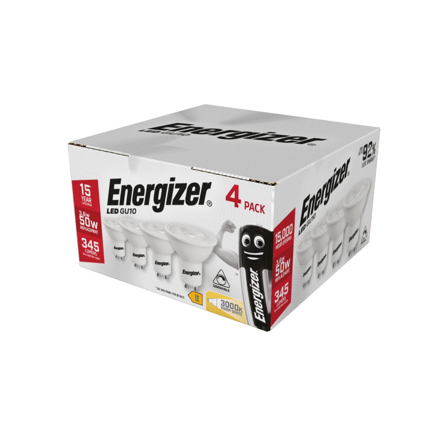 Energizer LED GU10 345lm 3,6W 3.000K (Warmweiß) Dimmbar, 4er-Box