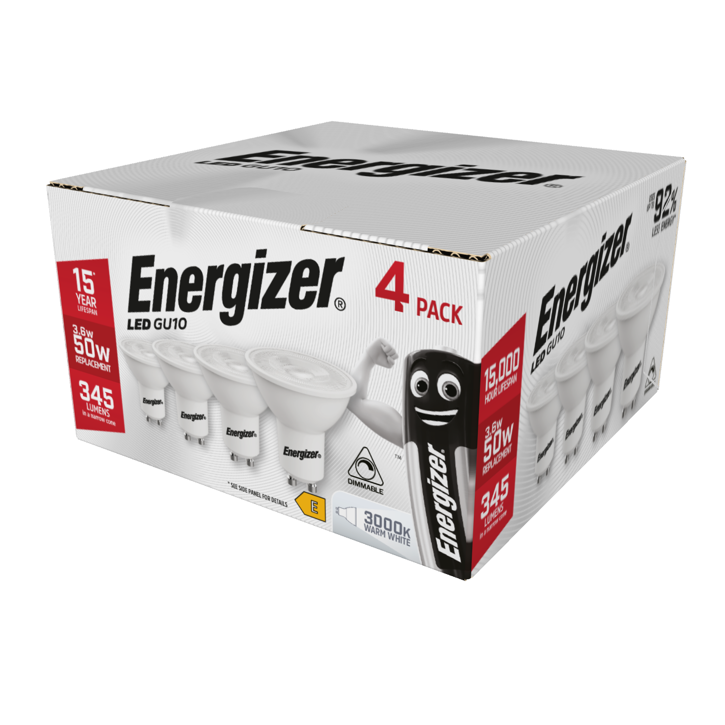 Energizer LED GU10 345lm 3.6W 4,000K (Cool White) Dimmable, Box of 4
