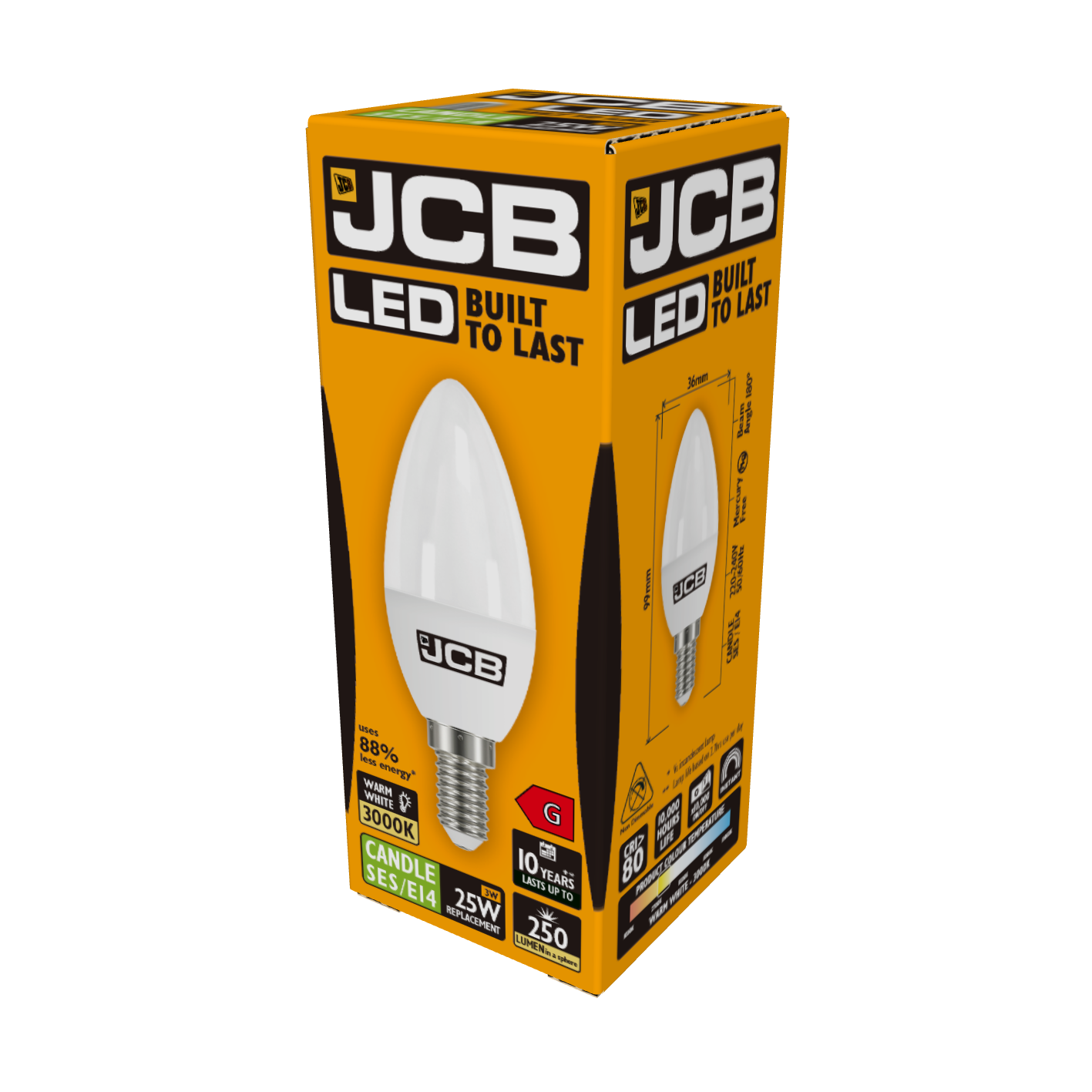 JCB LED Candle E14 (SES) 250lm 3W 3,000K (Warm White), Box of 1