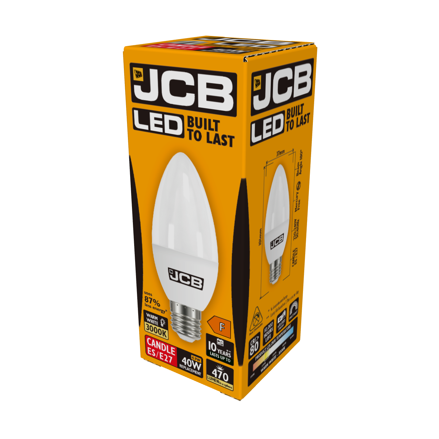 JCB LED Candle E27 (ES) 470lm 4.9W 3,000K (Warm White), Box of 1