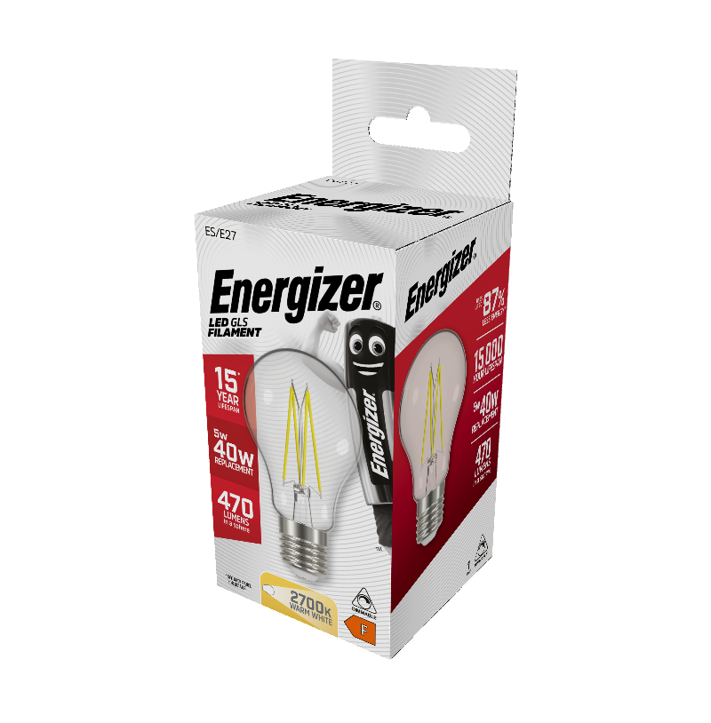 Energizer LED Filament GLS E27 (ES) 470lm 5W 2,700K (Warm White) Dimmable, Box of 1