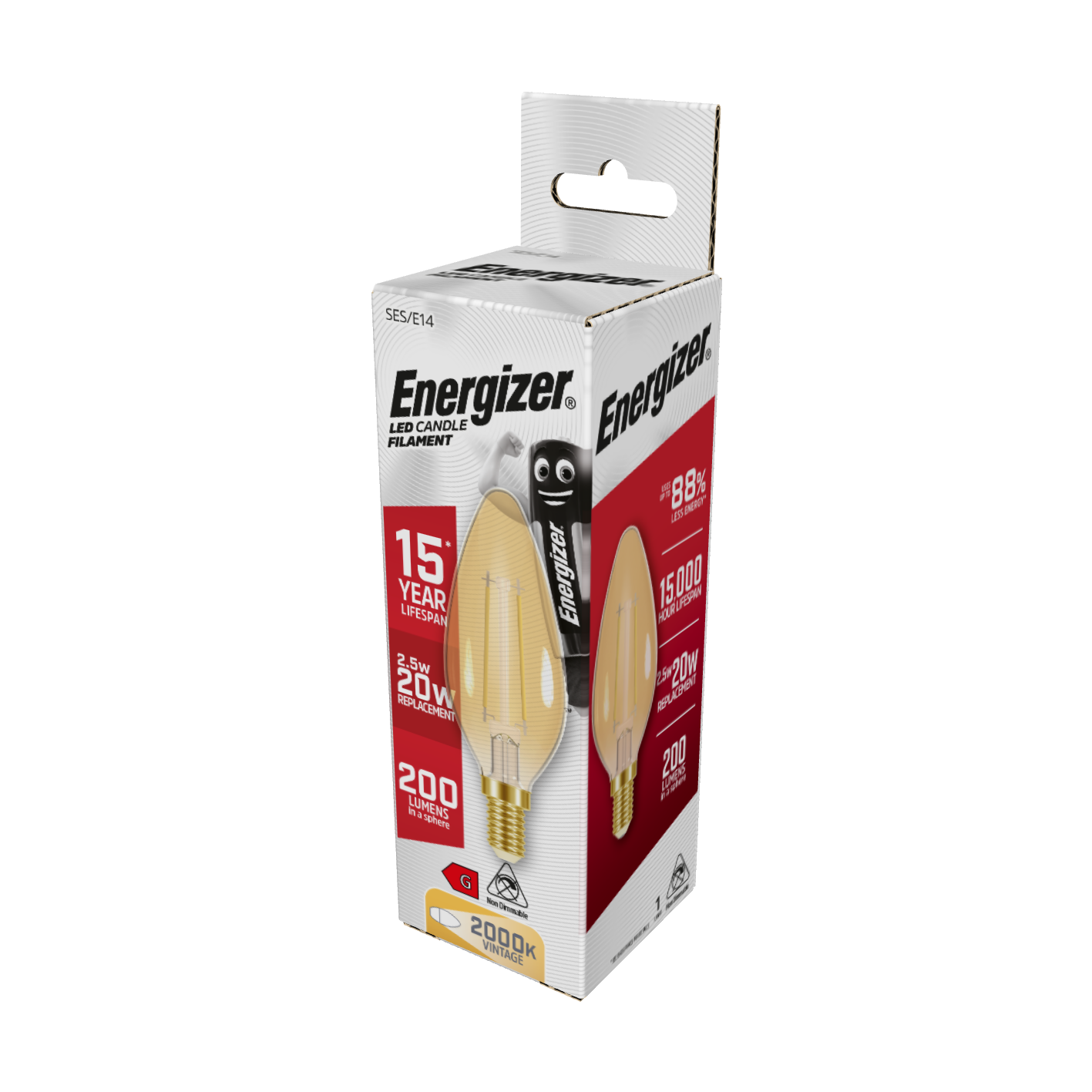 Energizer LED Filament Candle E14 (SES) 200lm 2.5W 2,200K (Warm White), Box of 1