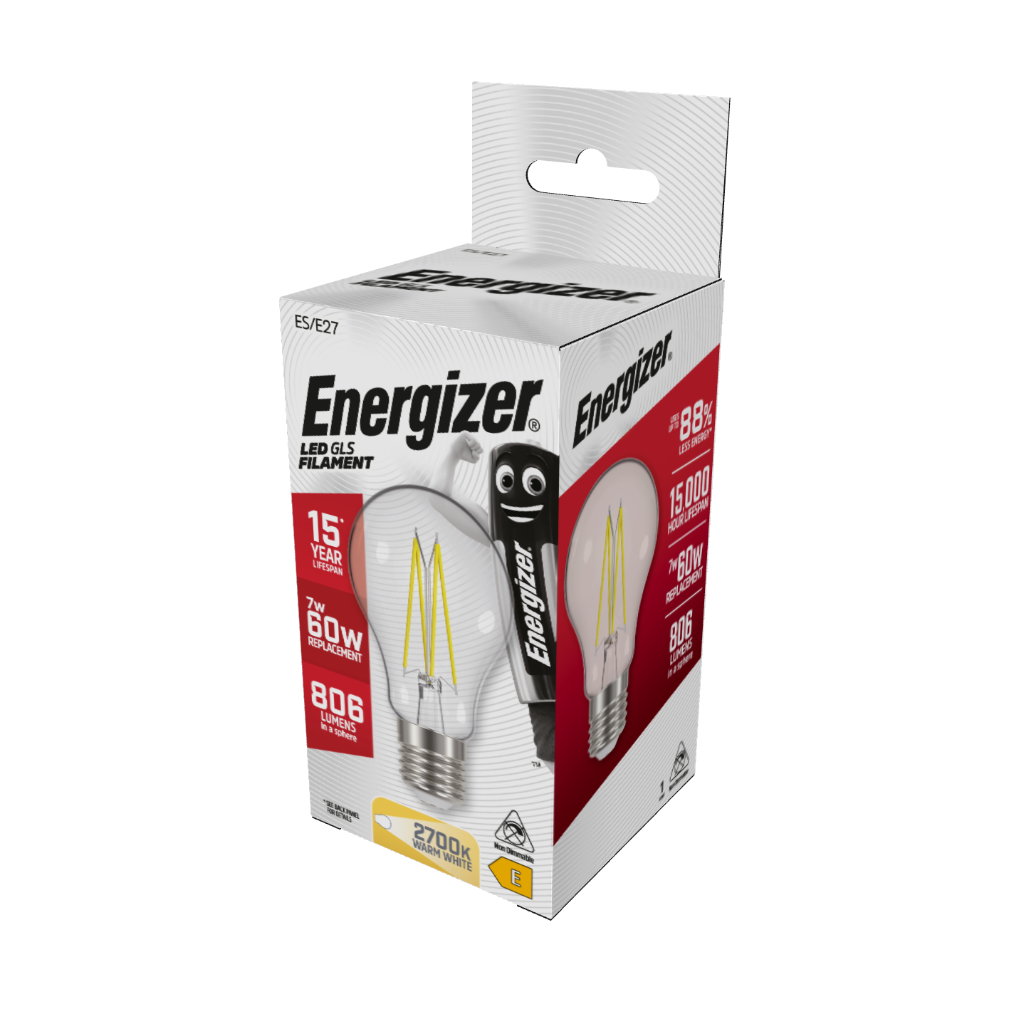 Energizer LED Filament GLS E27 (ES) 806 Lumens 7W 2,700K (Warm White), Box of 1