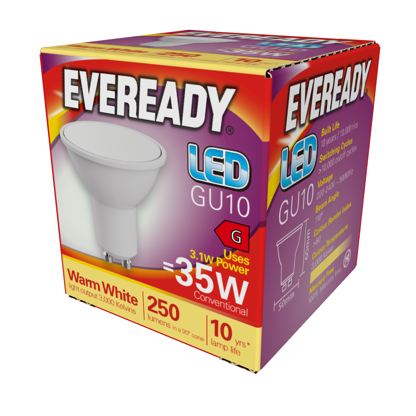 Eveready LED GU10 250lm 3.1W 3,000K (Warm White), Box of 1
