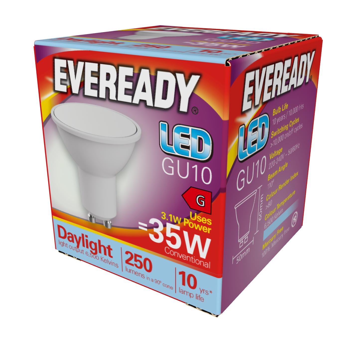 Eveready LED GU10 250lm 3.1W 6,500K (Daylight), Box of 1