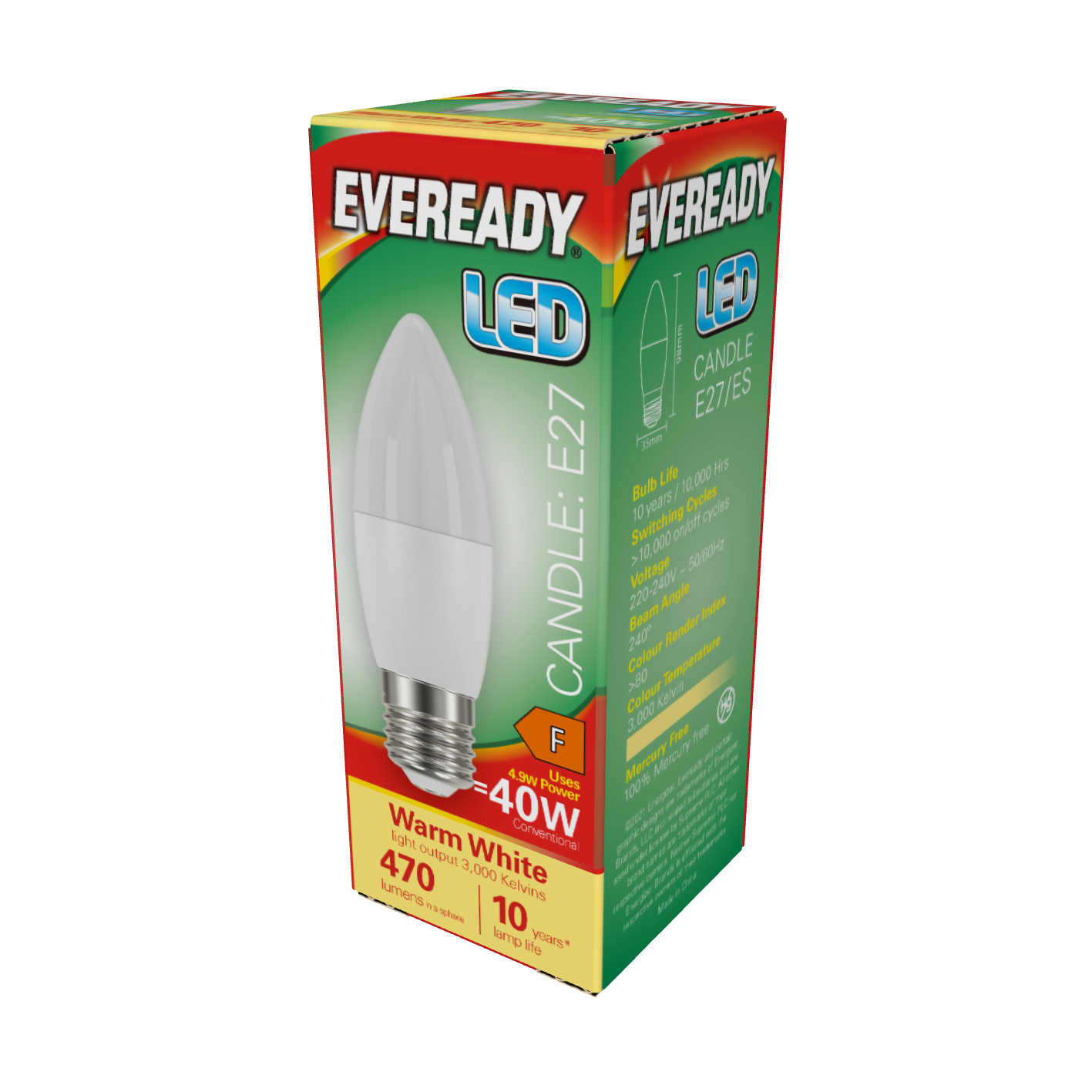 Eveready LED Candle E27 (ES) 470lm 4.9W 3,000K (Warm White), Box of 1