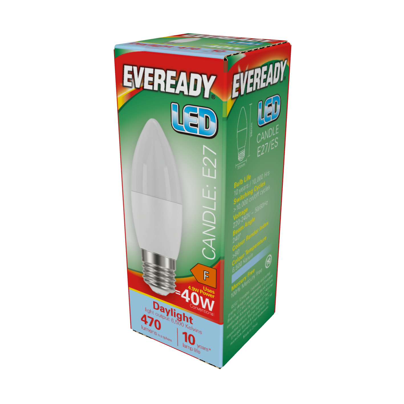 Eveready LED Candle E27 (ES) 470lm 4.9W 6,500K (Daylight), Box of 1