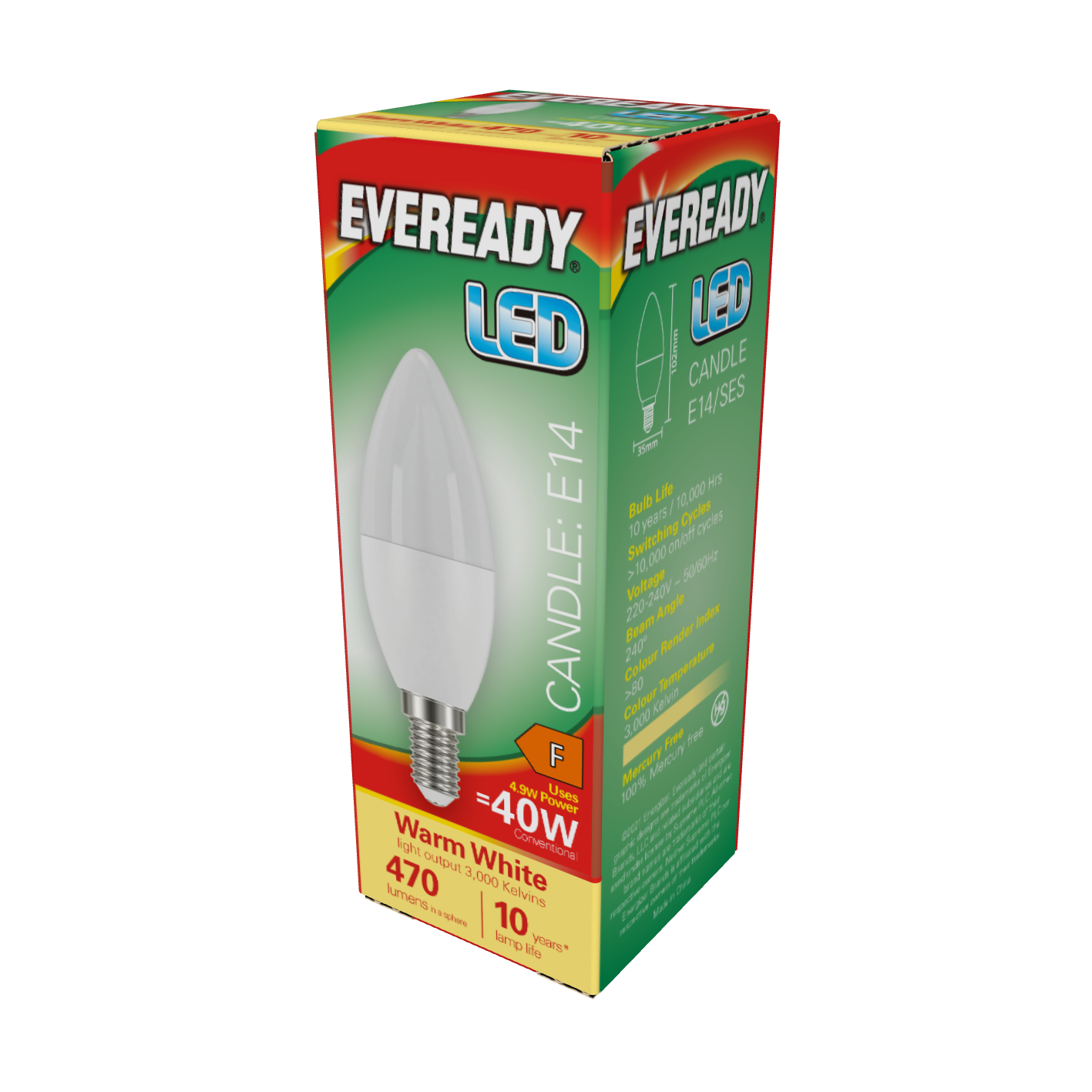 Eveready LED Candle E14 (SES) 470lm 4.9W 3,000K (Warm White), Box of 1