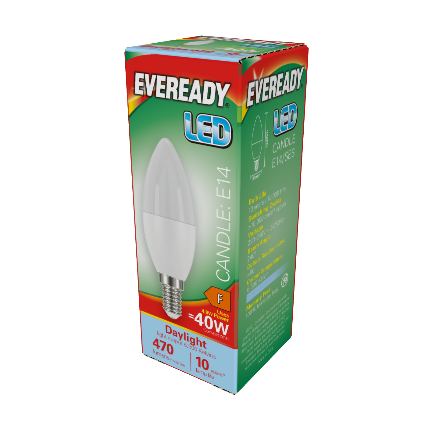 Eveready LED Candle E14 (SES) 470lm 4.9W 6,500K (Daylight), Box of 1
