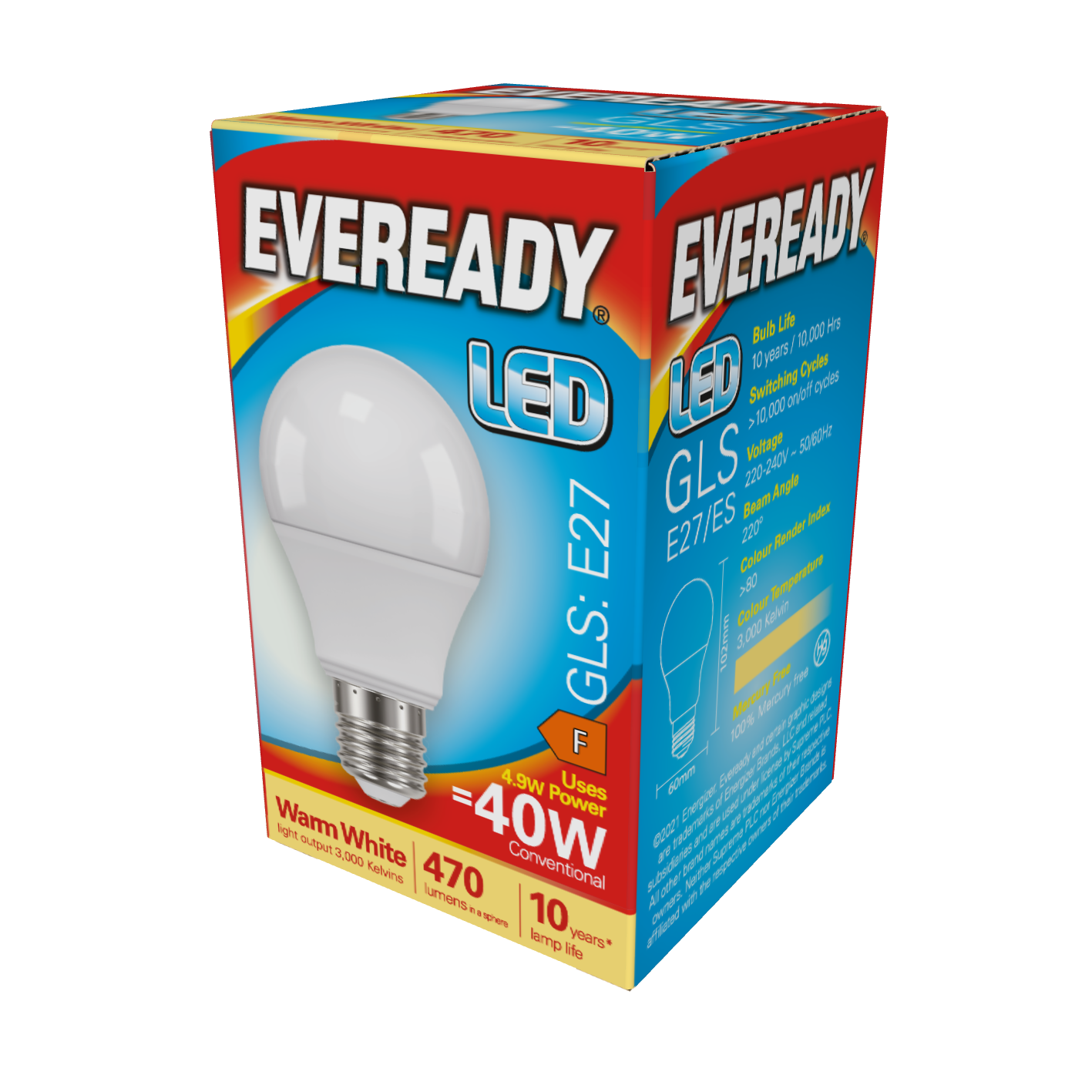Eveready LED GLS E27 (ES) 470lm 4.9W 3,000K (Warm White), Box of 1