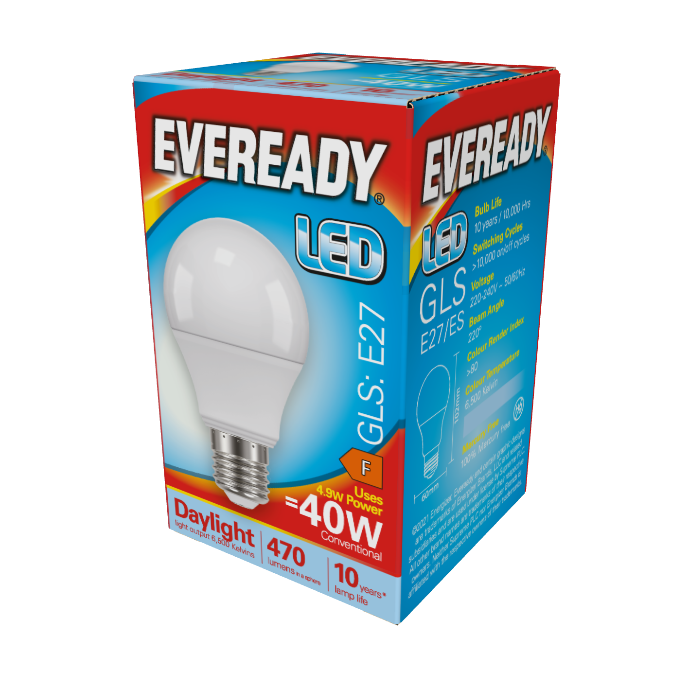 Eveready LED GLS E27 (ES) 470lm 4.9W 6,500K (Daylight), Box of 1