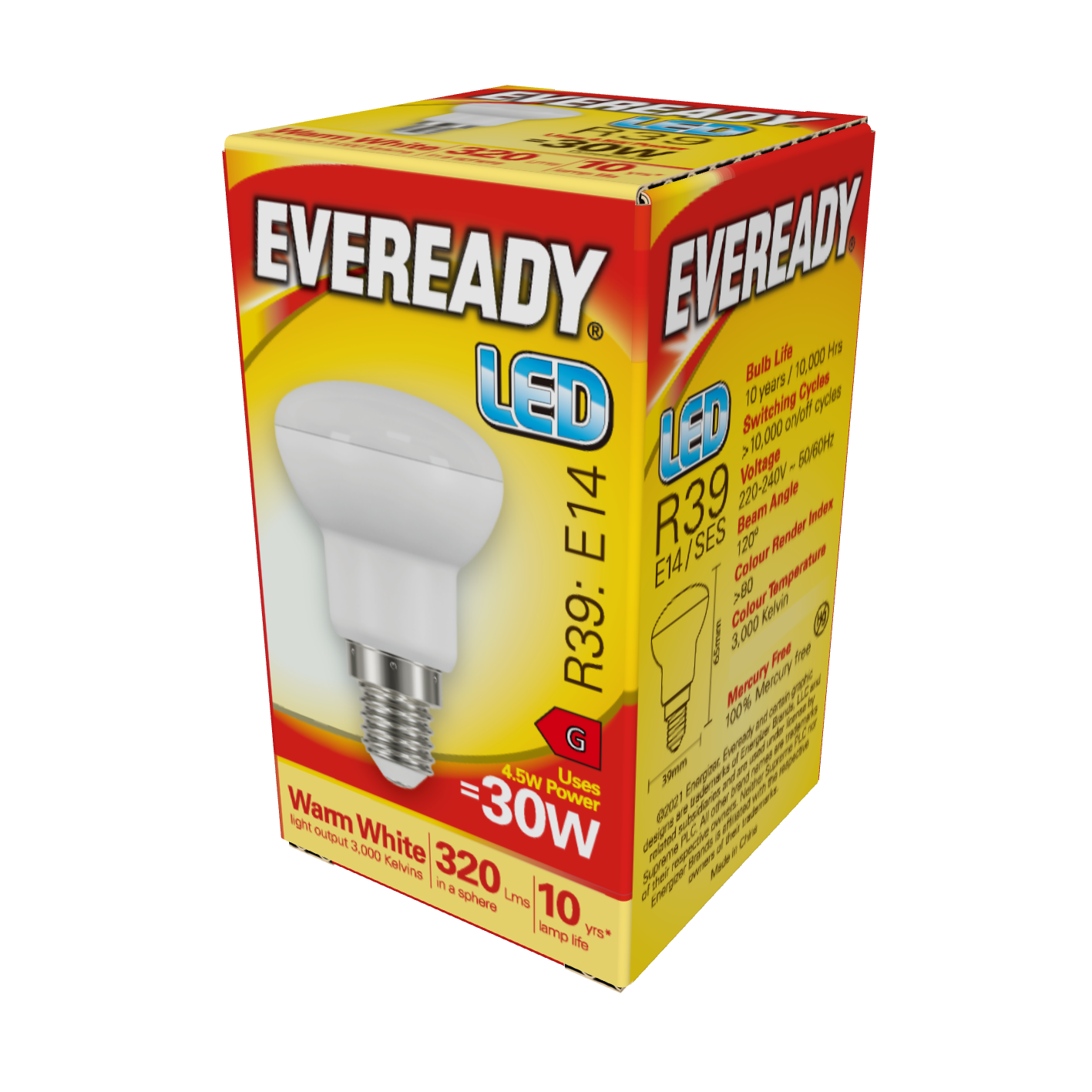 Eveready LED R39 Reflector E14 (SES) 320lm 4.5W 3,000K (Warm White), Box of 1