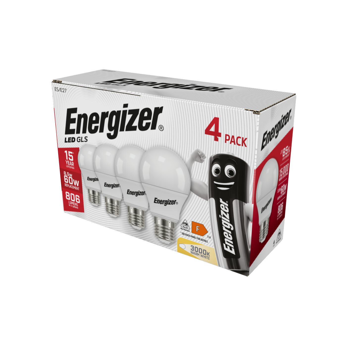 Energizer LED GLS E27 (ES) 806 Lumens 8.5W 3,000K (Warm White), Box of 4